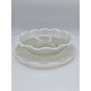 Anchor Hocking Moonstone Hobnail Large Bowl and Matching Plate‎ Set Vintage